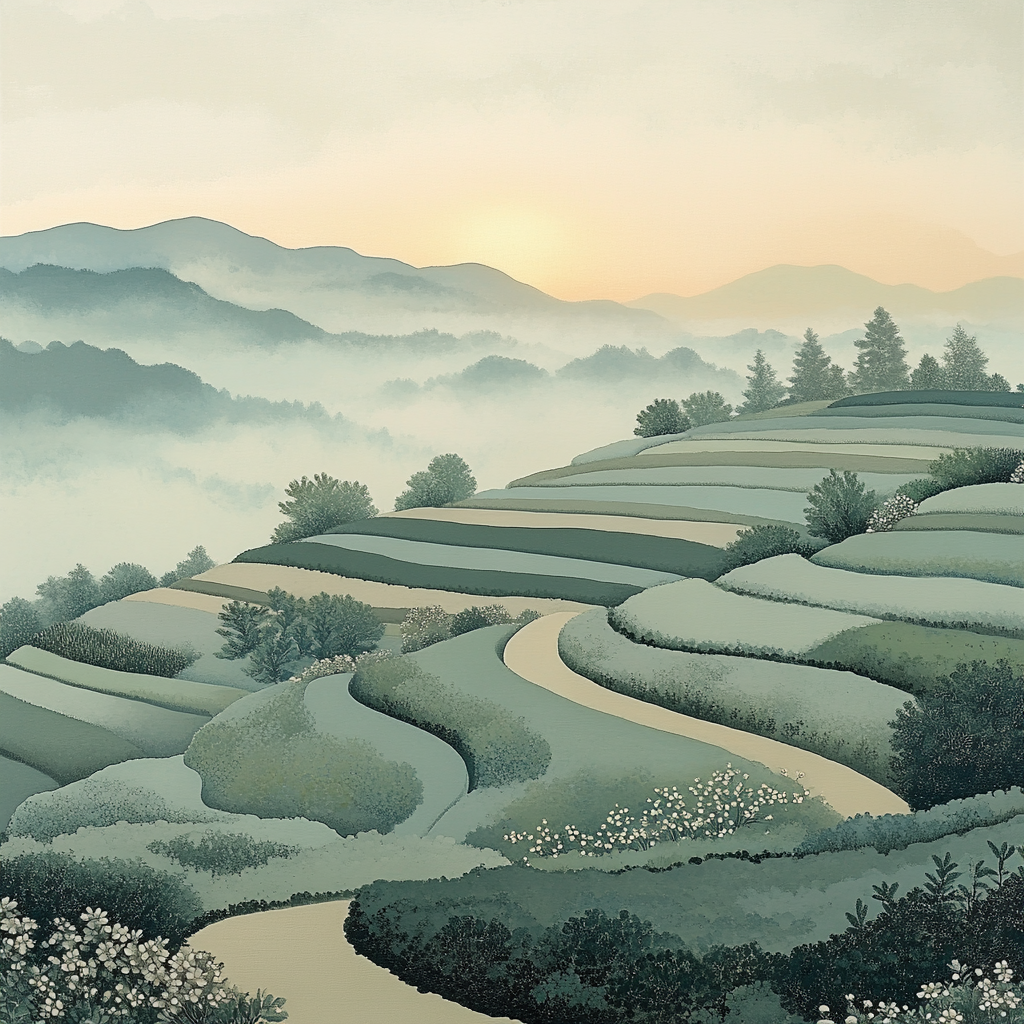 Hiroshige Inspired Dawn Tea Field Mist paint by number