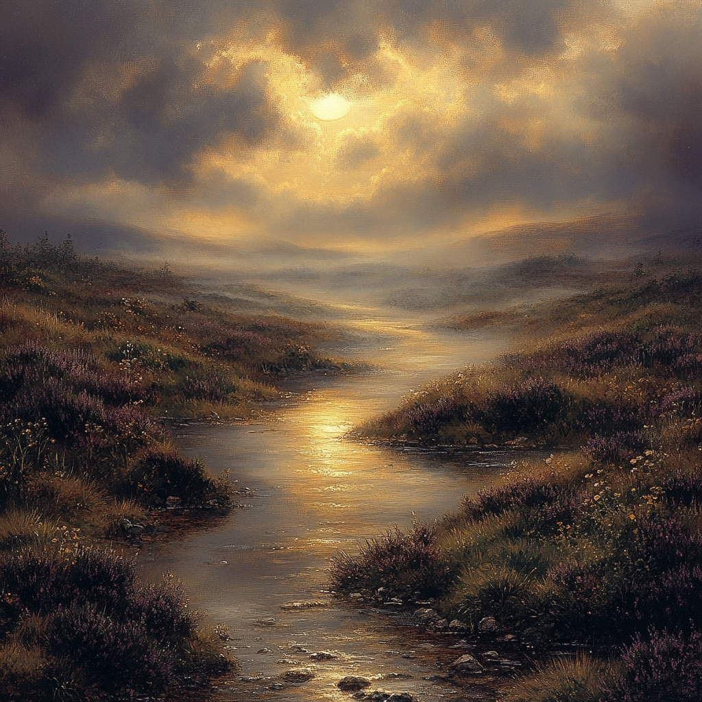 Rembrandt Inspired Sunlit River Bend In Misty Moorland painting number kit