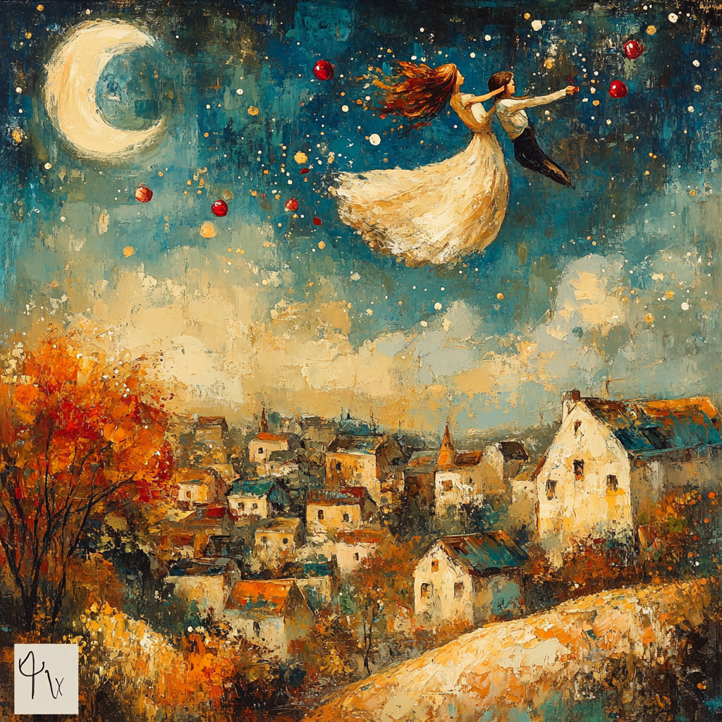 Chagall Inspired Lovers Over Village Numbered painting kits