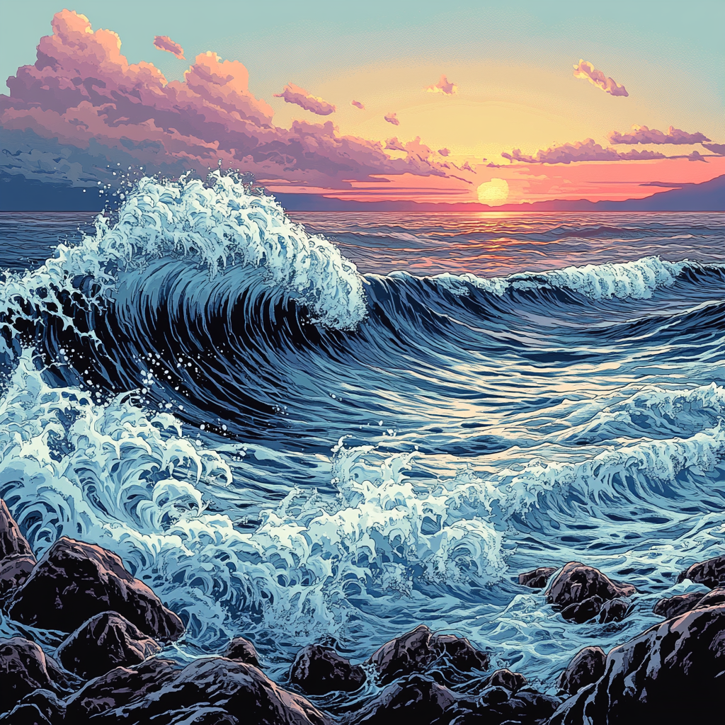 Hokusai Inspired Ocean Wave At Sunrise painting number kit