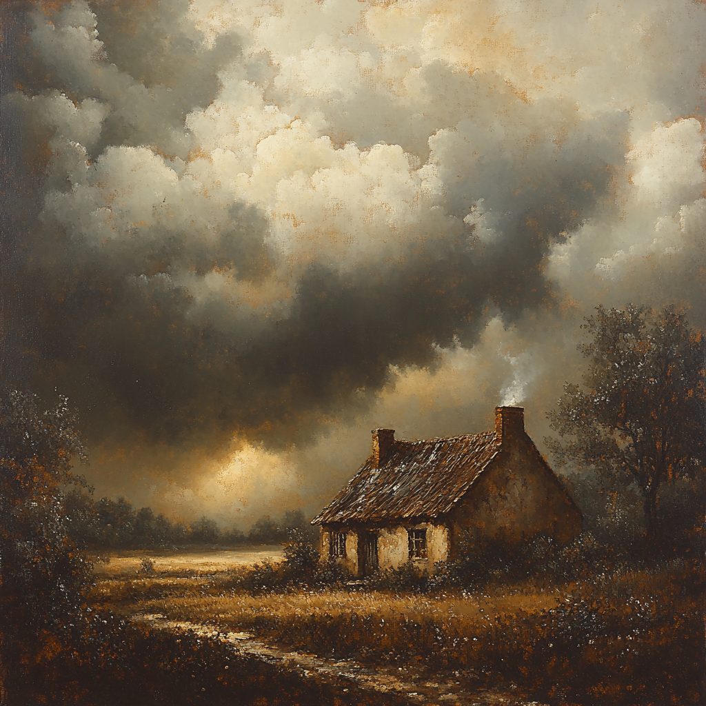 Rembrandt Inspired Storm Clouds Gathering Over Rustic Cottage painting number kit