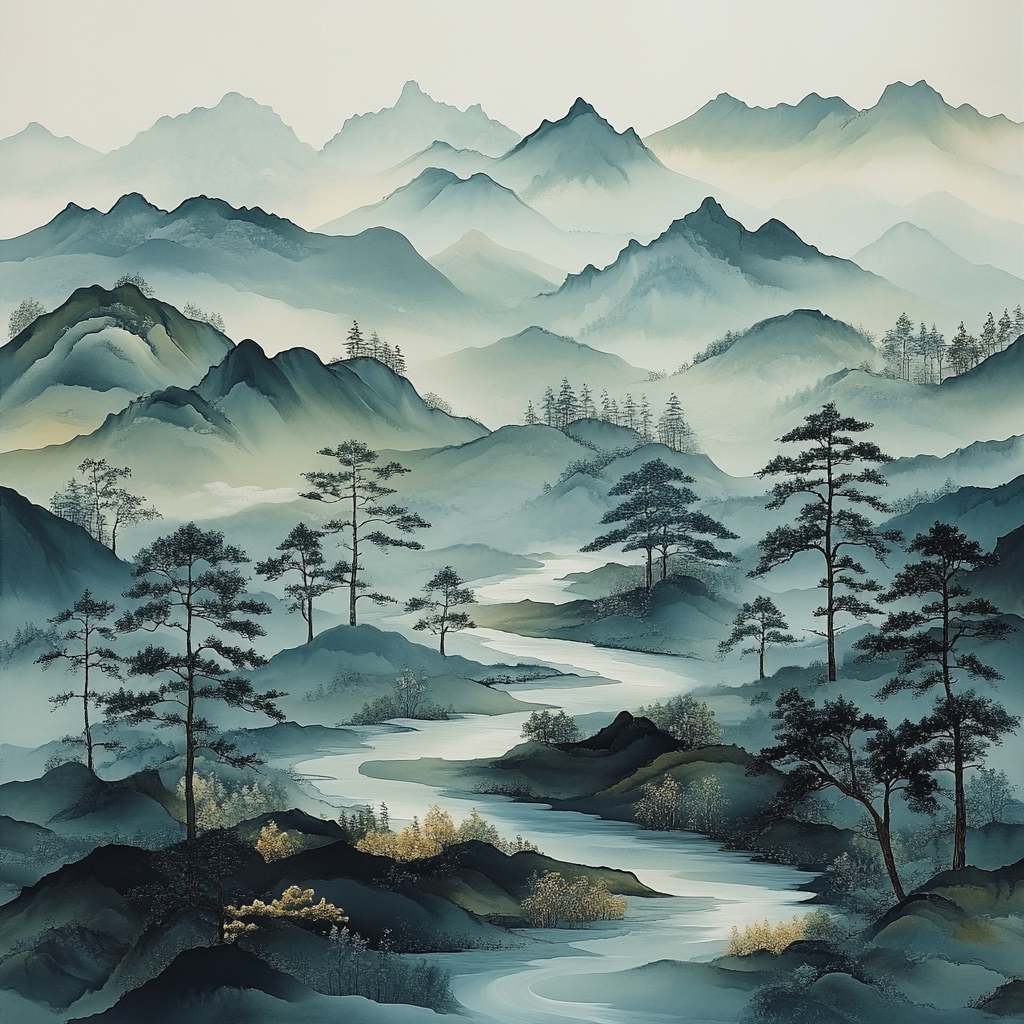 Zhao Mengfu Inspired Misty Mountain Reverie Numbered painting kits
