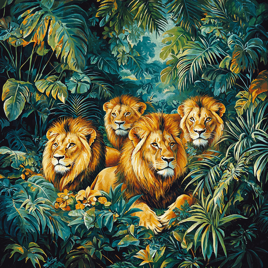 Henri Rousseau Inspired Majestic Lions In Harmony Numbered Painting Kits