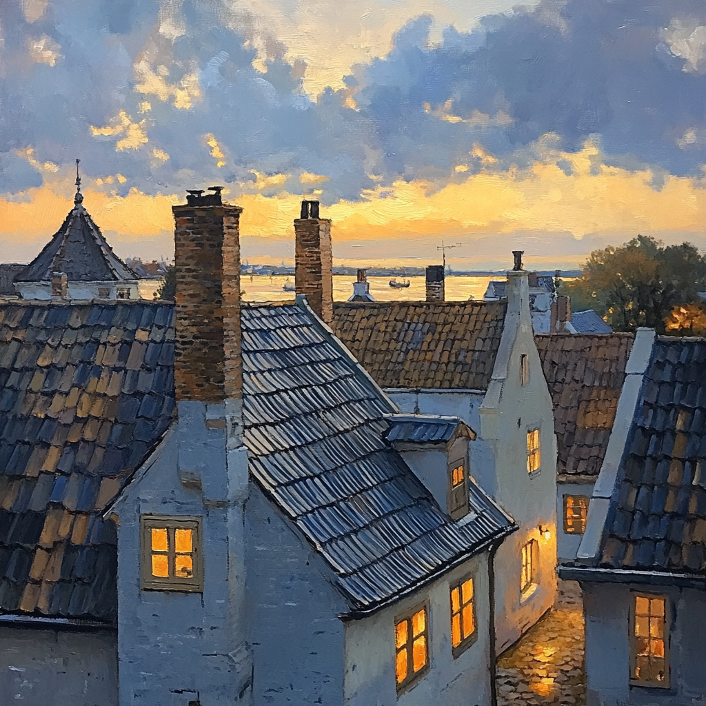 Johannes Vermeer Inspired Gabled Rooftops At Dusk Paint by numbers art