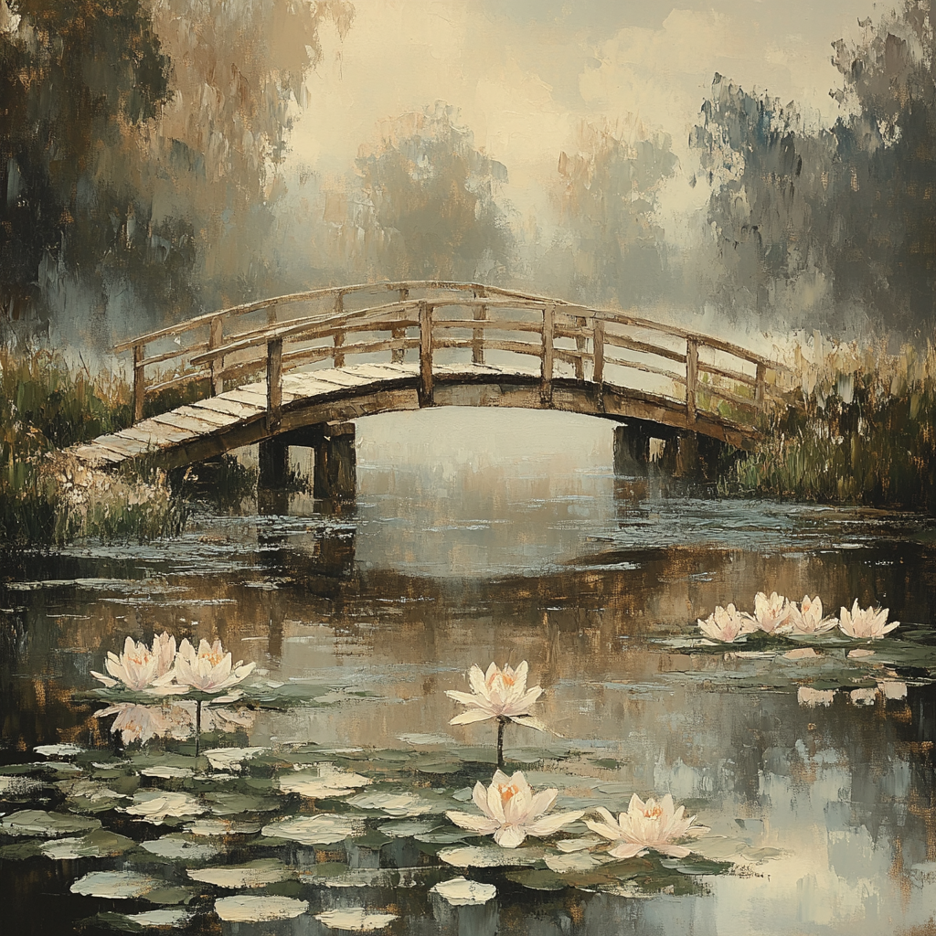 Claude Monet Inspired Foggy Bridge Over Marsh Number painting