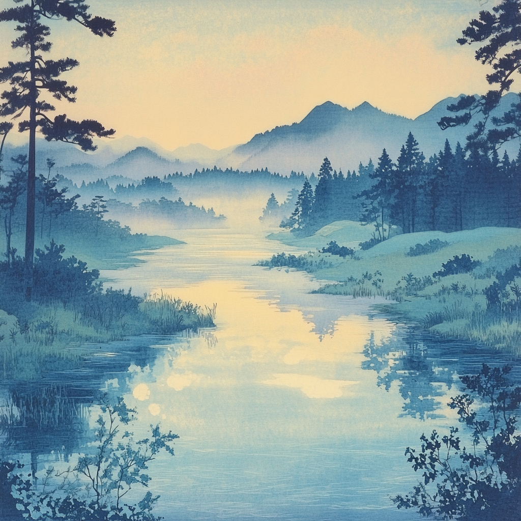 Hiroshige Inspired Tranquil River Landscape paint by number