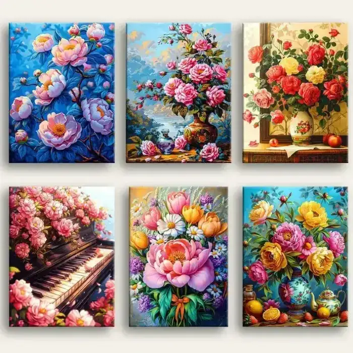 Flower-themed DIY paint by numbers kit with vibrant colors and easy-to-follow patterns for art enthusiasts.