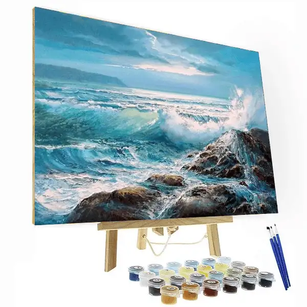 Waves Crashing Paint By Number Set for adults, featuring vibrant ocean scenes and easy-to-follow instructions.