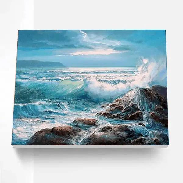 Waves Crashing Paint By Number Set for adults, featuring vibrant ocean colors and easy-to-follow designs.