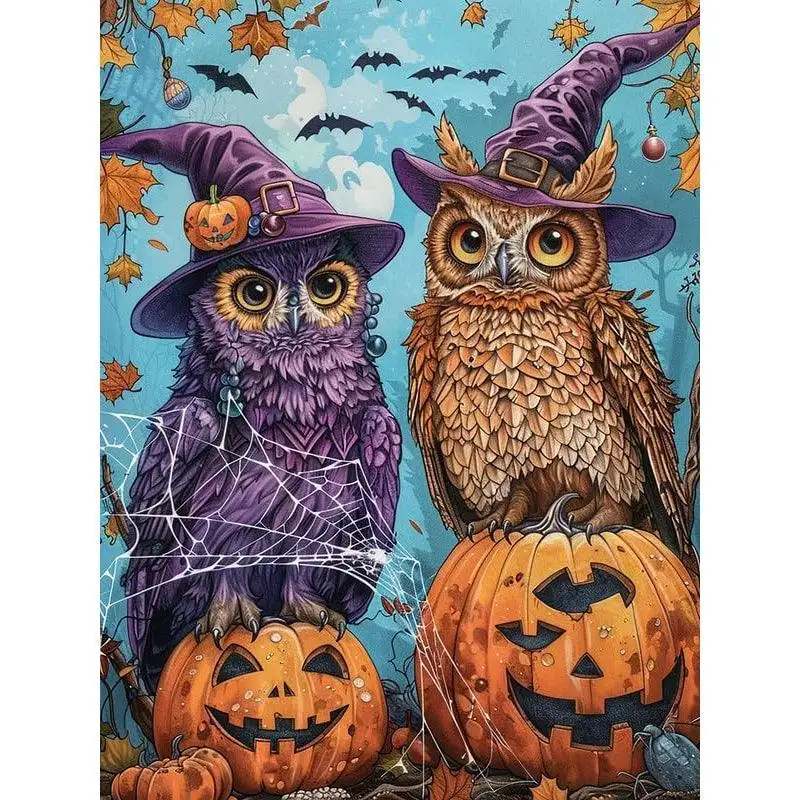 5D DIY diamond art kit featuring a colorful owl and pumpkin design, perfect for crafting enthusiasts and home decor.