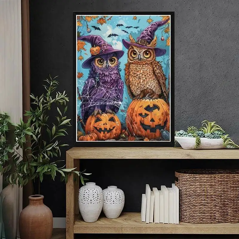 5D DIY diamond art kit featuring a colorful owl and pumpkin design for creative crafting enthusiasts.