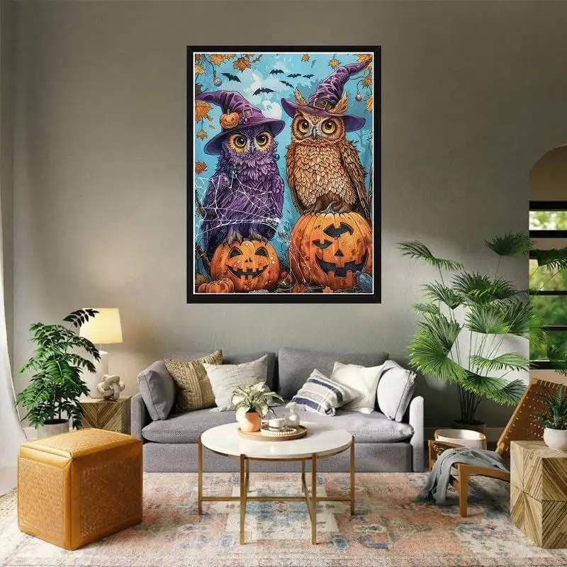5D DIY diamond painting kit featuring a colorful owl and pumpkin design, perfect for craft lovers and art enthusiasts.