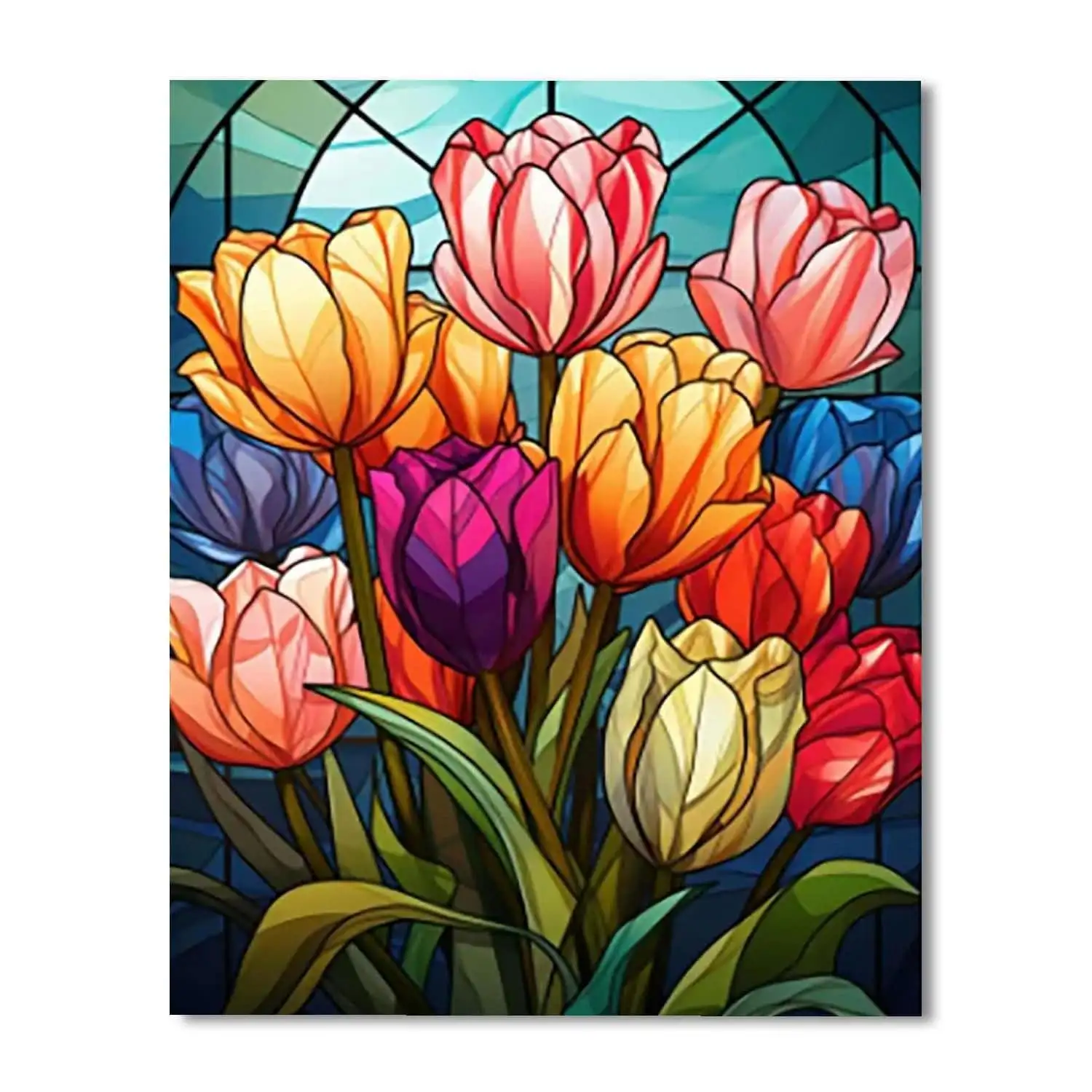 Vibrant tulips mosaic paint by number canvas kit for artistic DIY projects and home decor.