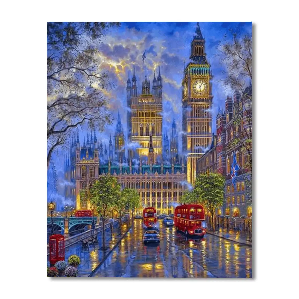 British London Night Paint By Numbers kit featuring vibrant colors and easy-to-follow design for artistic fun.