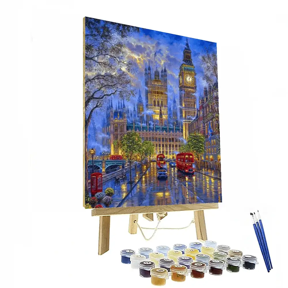 British London Night Paint By Numbers Kit featuring iconic skyline, vibrant colors, and all necessary painting tools.