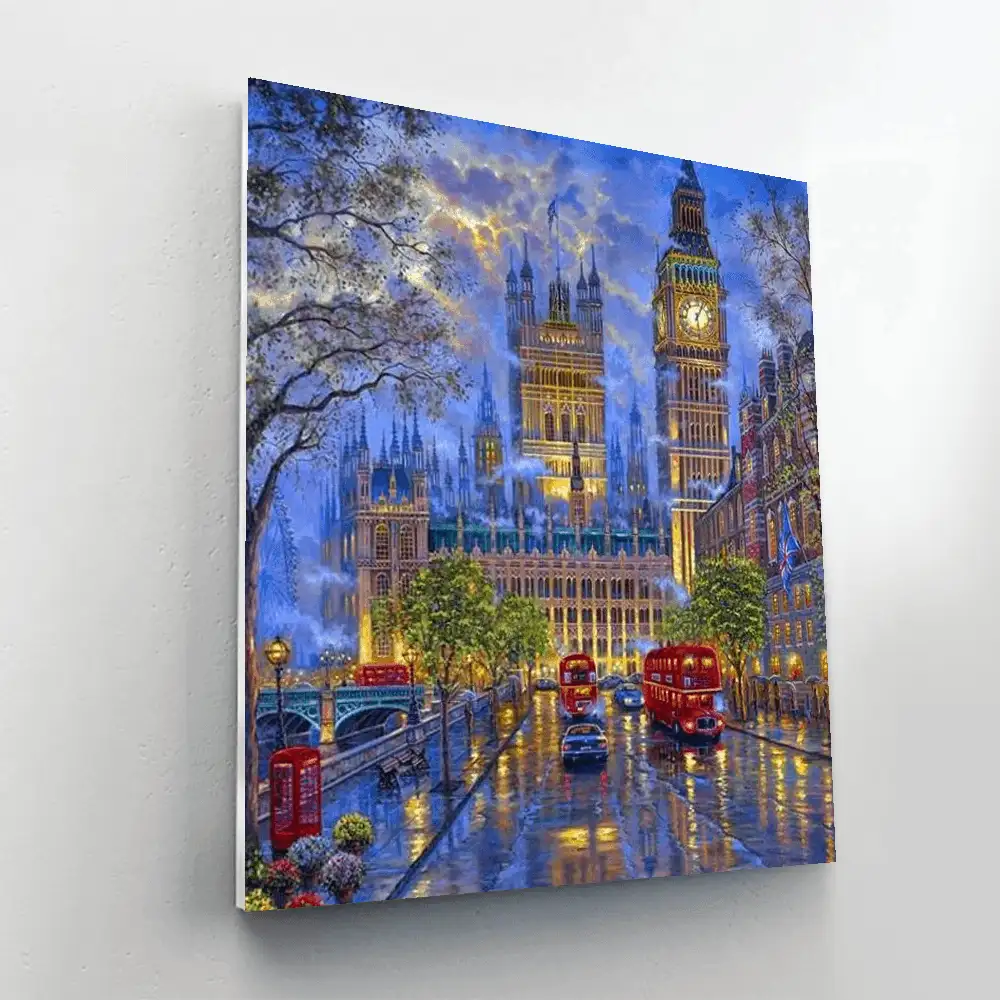 British London Night Paint By Numbers Kit featuring iconic skyline, vibrant colors, and easy-to-follow instructions.