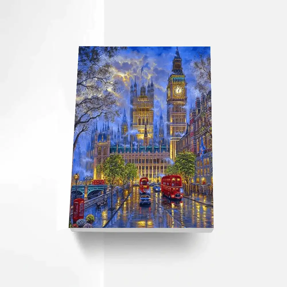 British London Night Paint By Numbers Kit featuring iconic skyline and vibrant colors for easy DIY art enjoyment.