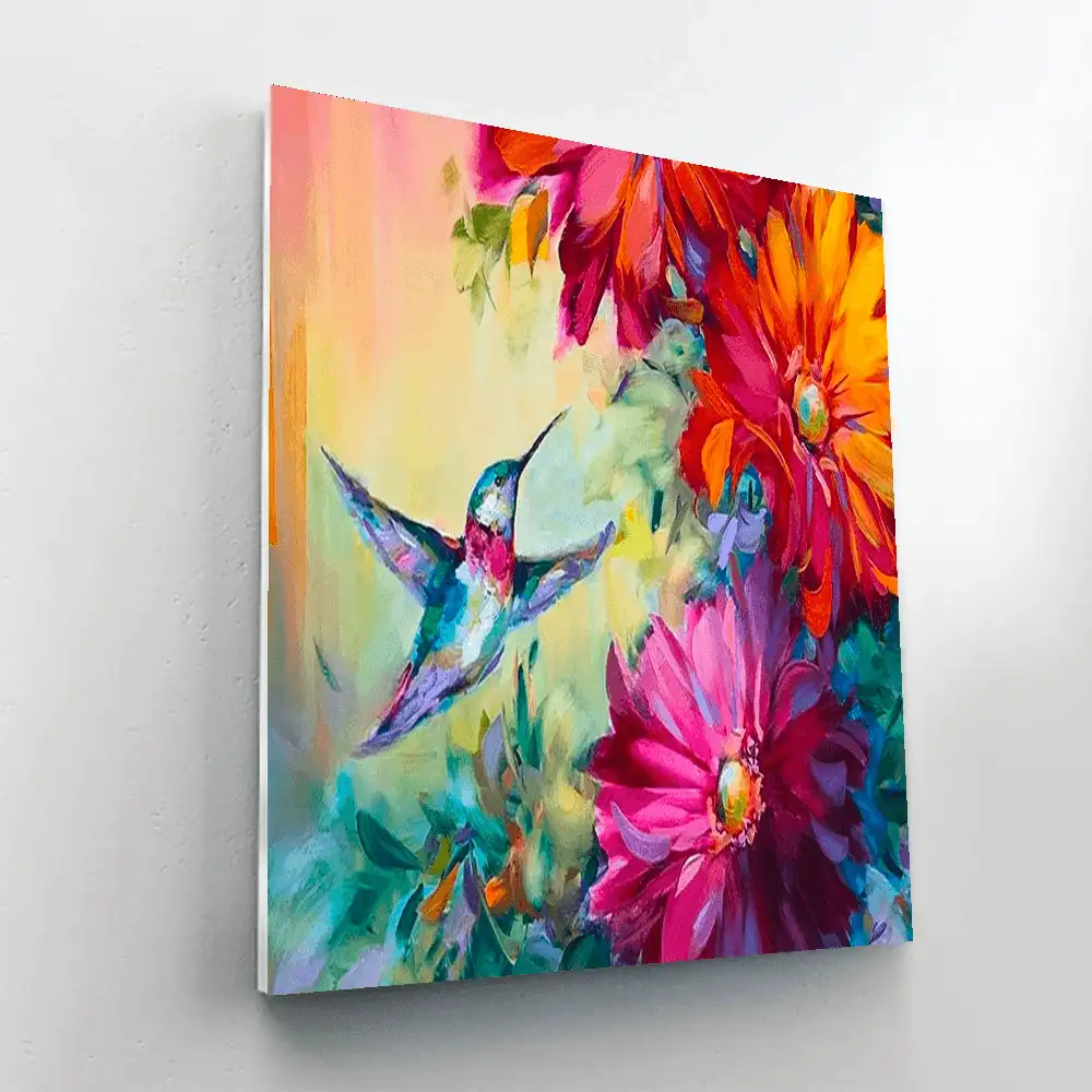 DIY Hummingbird and Flowers Paint By Numbers Kit for adults, includes canvas, paints, and brushes for relaxing art projects.