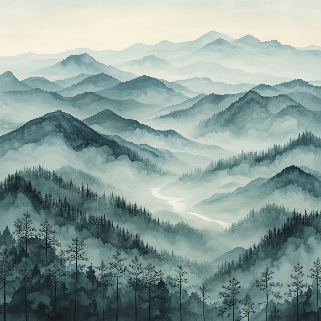 Zhao Mengfu Inspired Mist Over Ancient Ridges paint by color