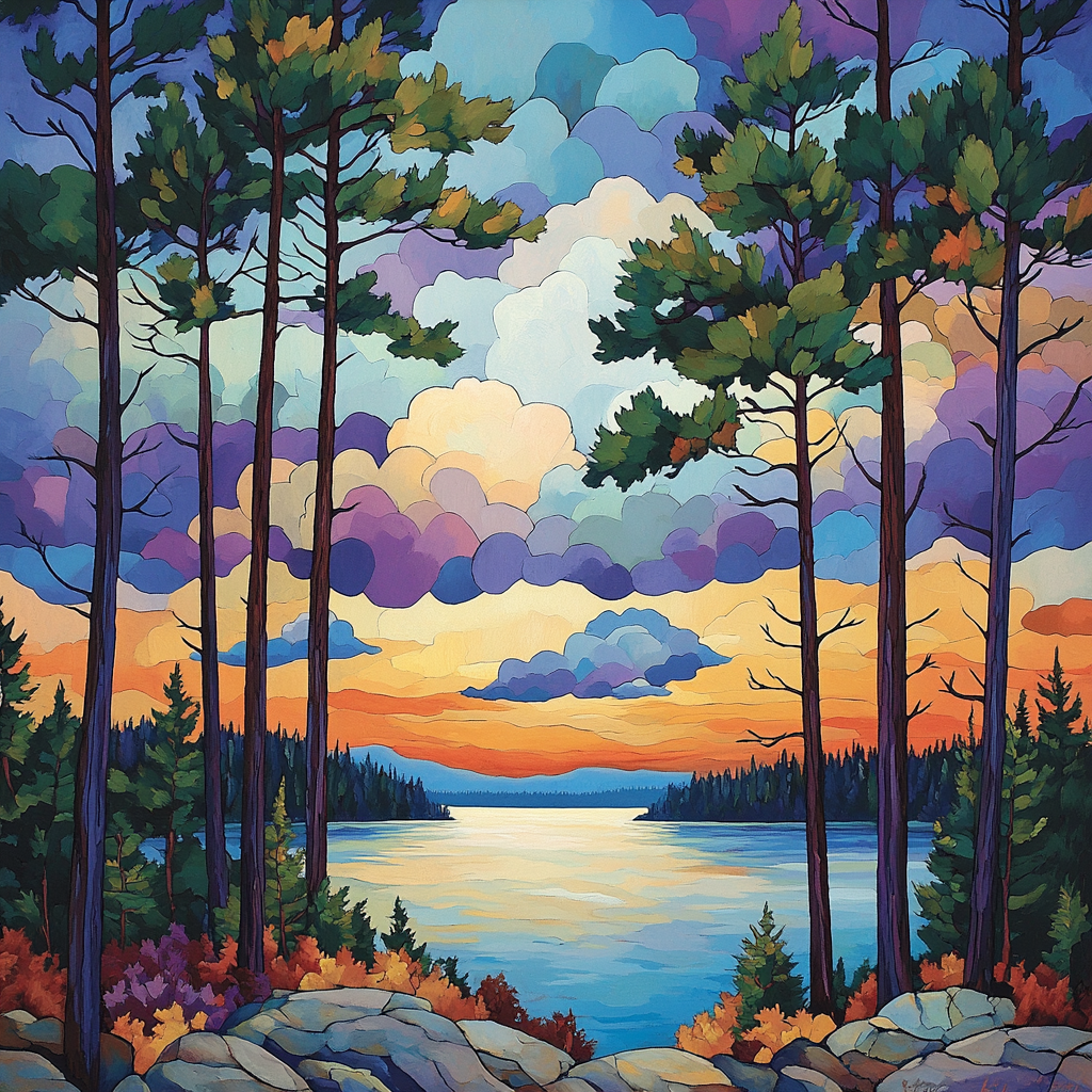 J E H MacDonald Inspired Lakeside Pines With Rhythmic Autumn Skies Number painting