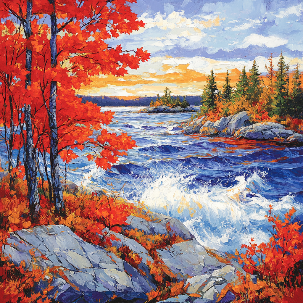 A.Y. Jackson Inspired Crimson Maple Screens Over Turbulent Lake Numbered painting kits