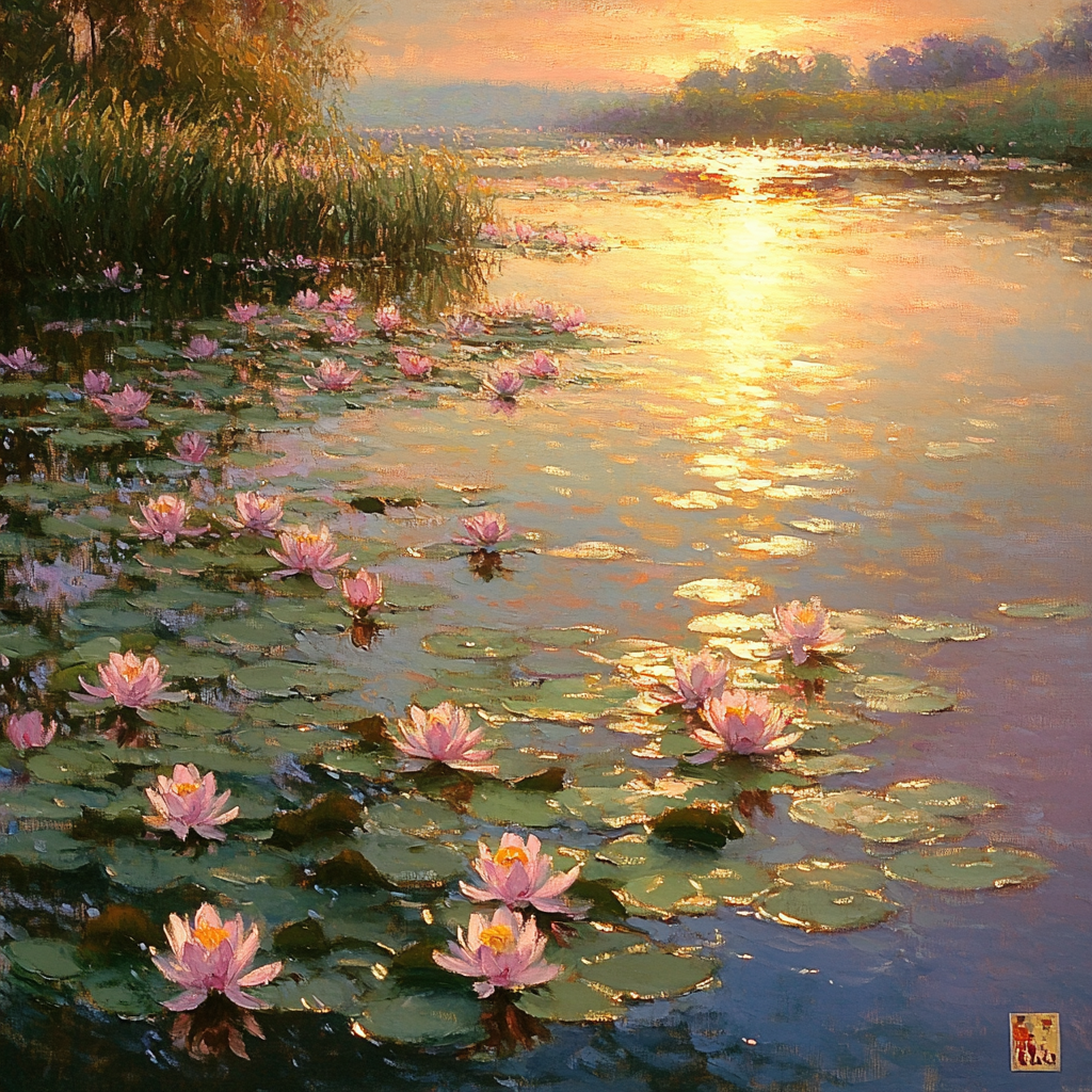 Monet Inspired Water Lilies At Sunset Number painting