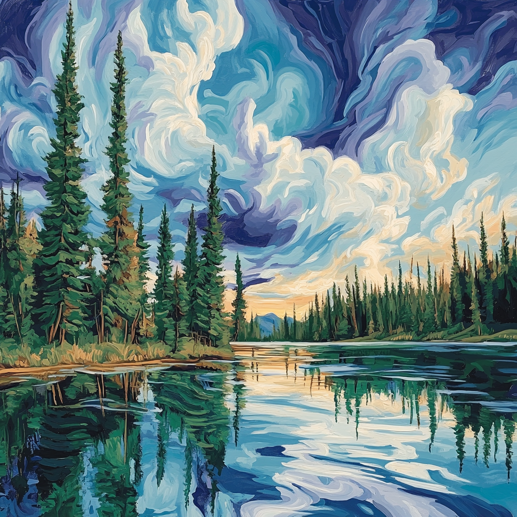 J. E. H. MacDonald Inspired Lakeside Pines With Expressive Skies DIY paint by numbers