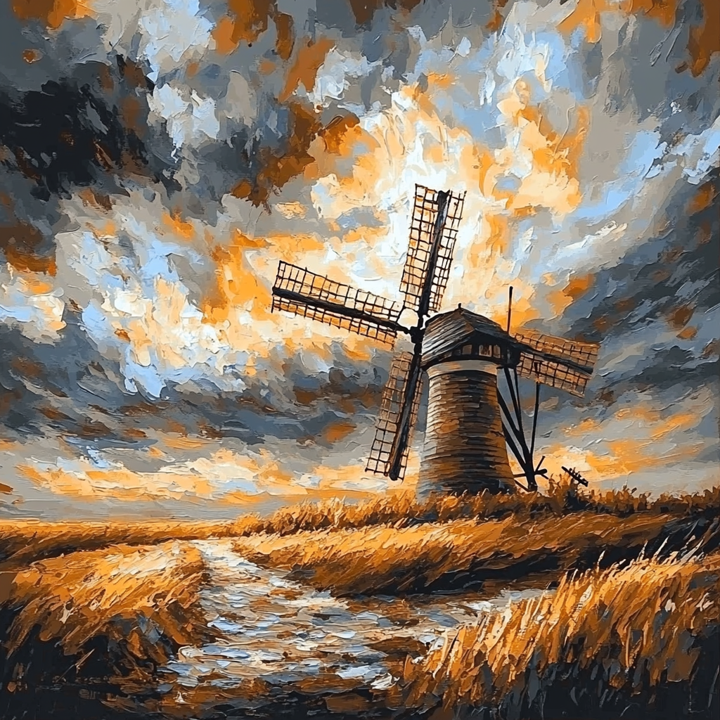 Rembrandt Inspired Windmill Under Stormy Evening Skies paint by color