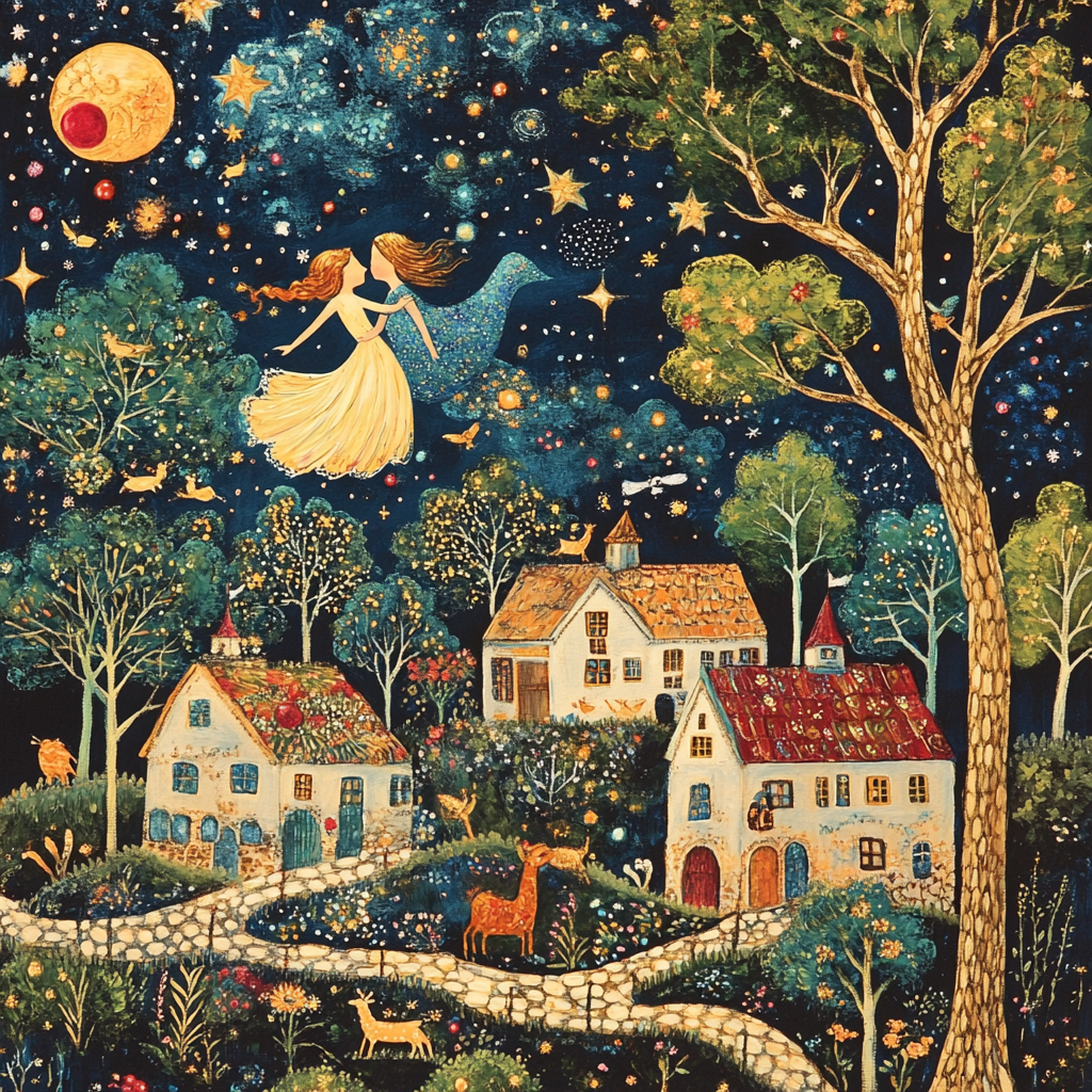 Marc Chagall Inspired Lovers Above The Village paint by color