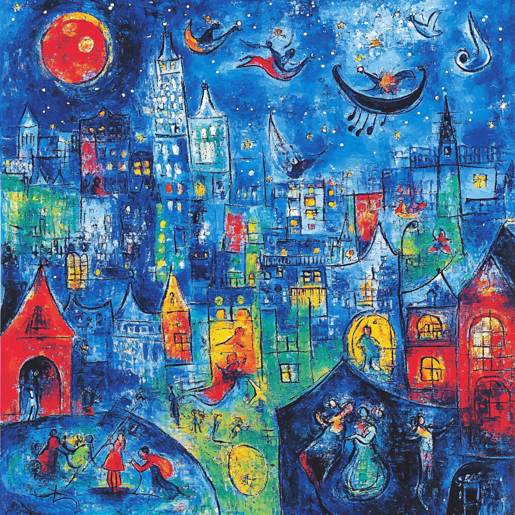 Marc Chagall Inspired Dreamy Cityscape With Floating Figures paint by color