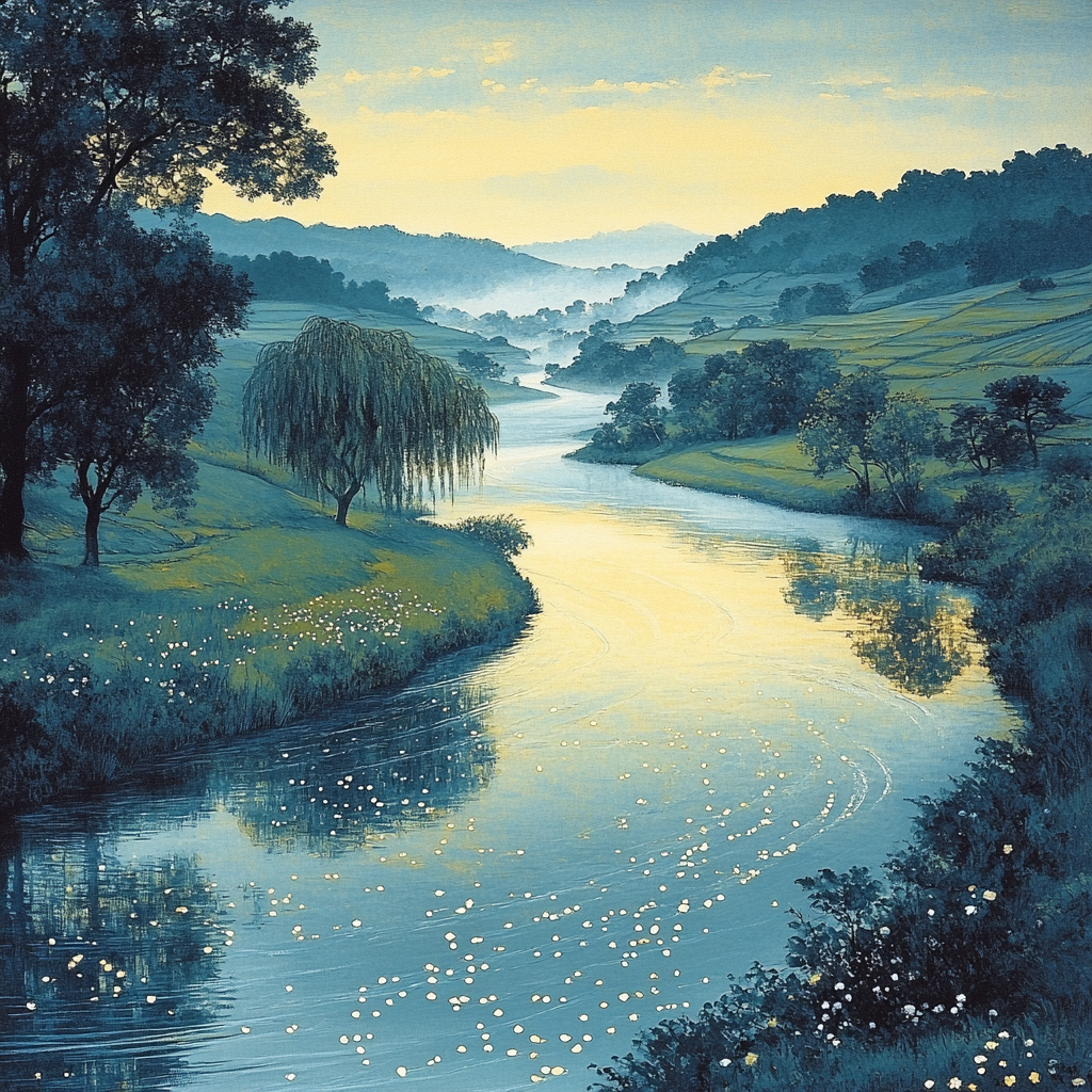 Hiroshige Inspired Tranquil River Reflections paint by color