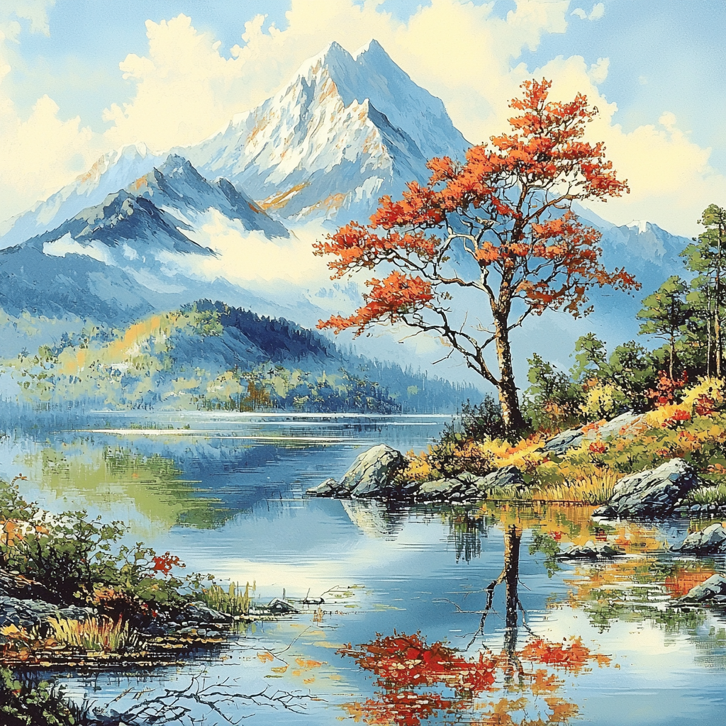 Zhao Mengfu Inspired Sublime Mountain Reflections Number Painting