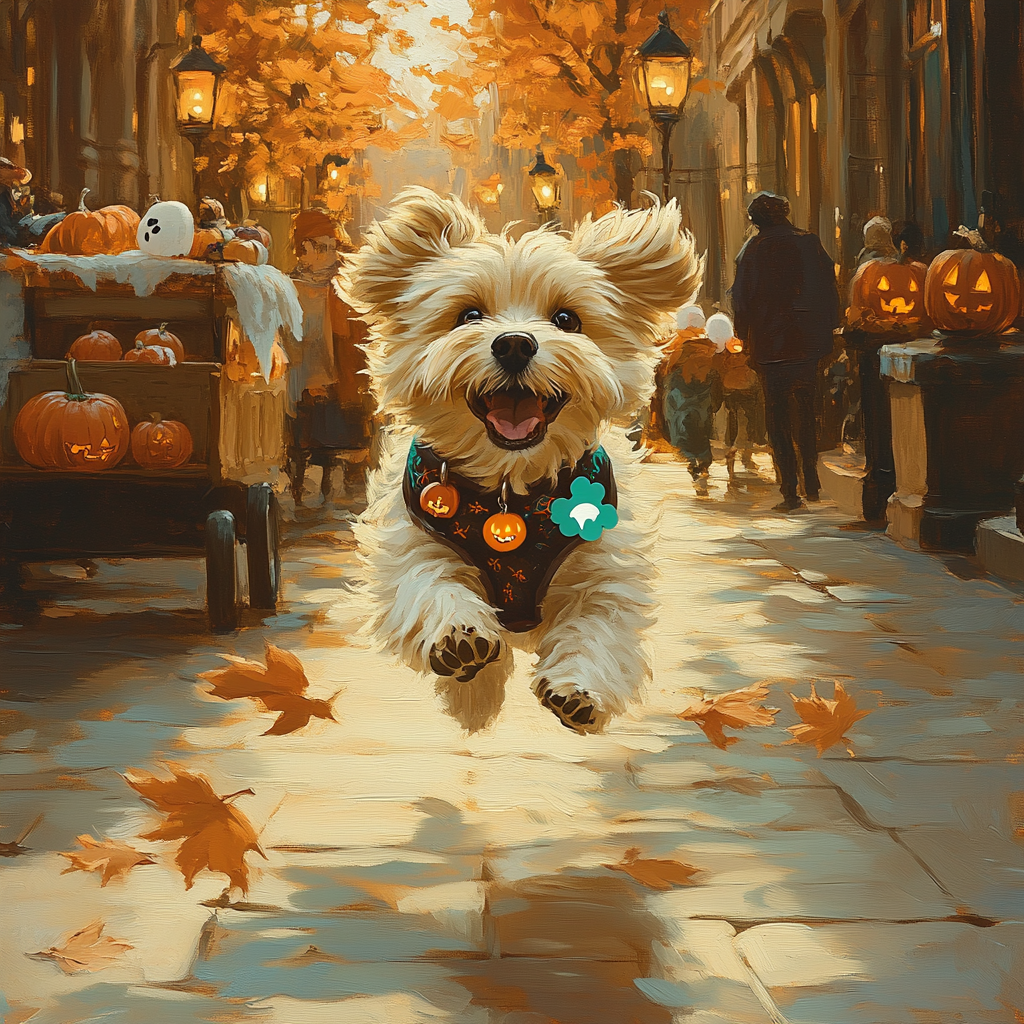Autumn Street Dog With Spooky Collar painting number kit