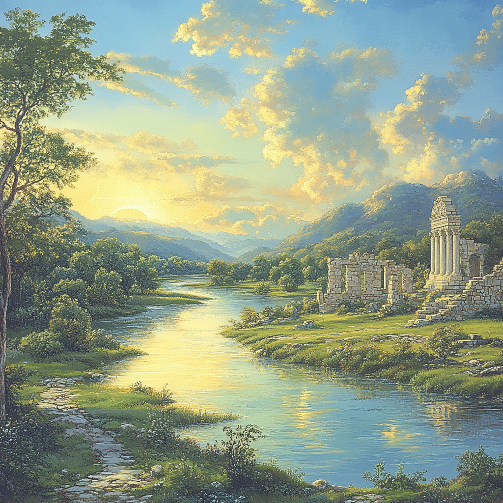 Raphael Inspired Serene River With Classical Ruins Number painting