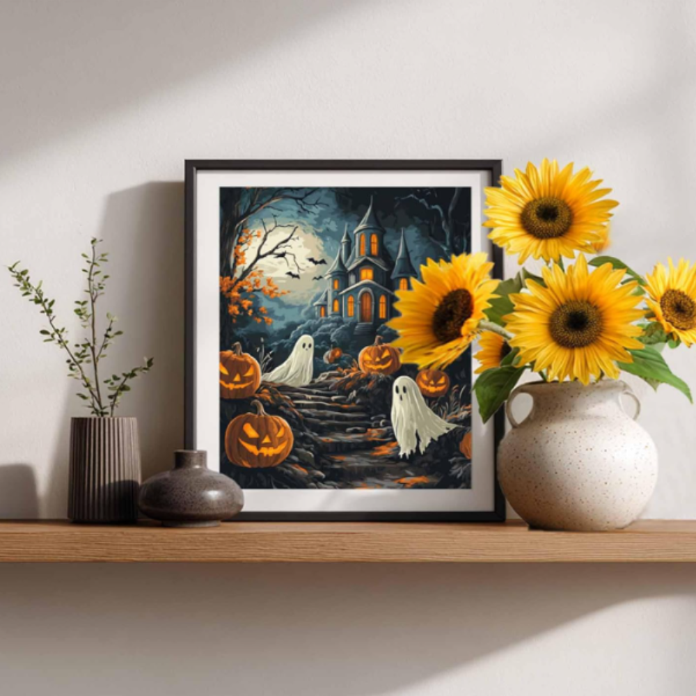 Vintage Castle Ghosts and Pumpkin Halloween Paint By Numbers Canvas Kit