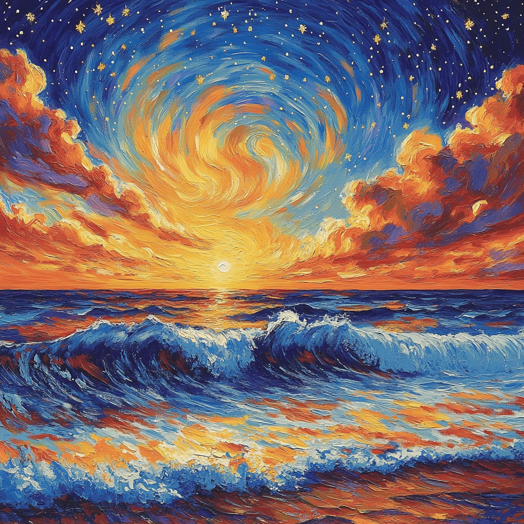 Van Gogh Inspired Starry Ocean Sunset paint by color