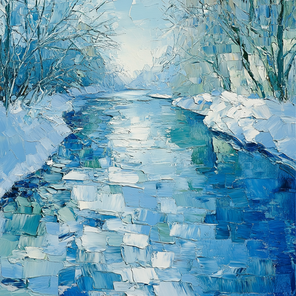 Jean-Paul Riopelle Inspired Icy River Impasto Reflections paint by color