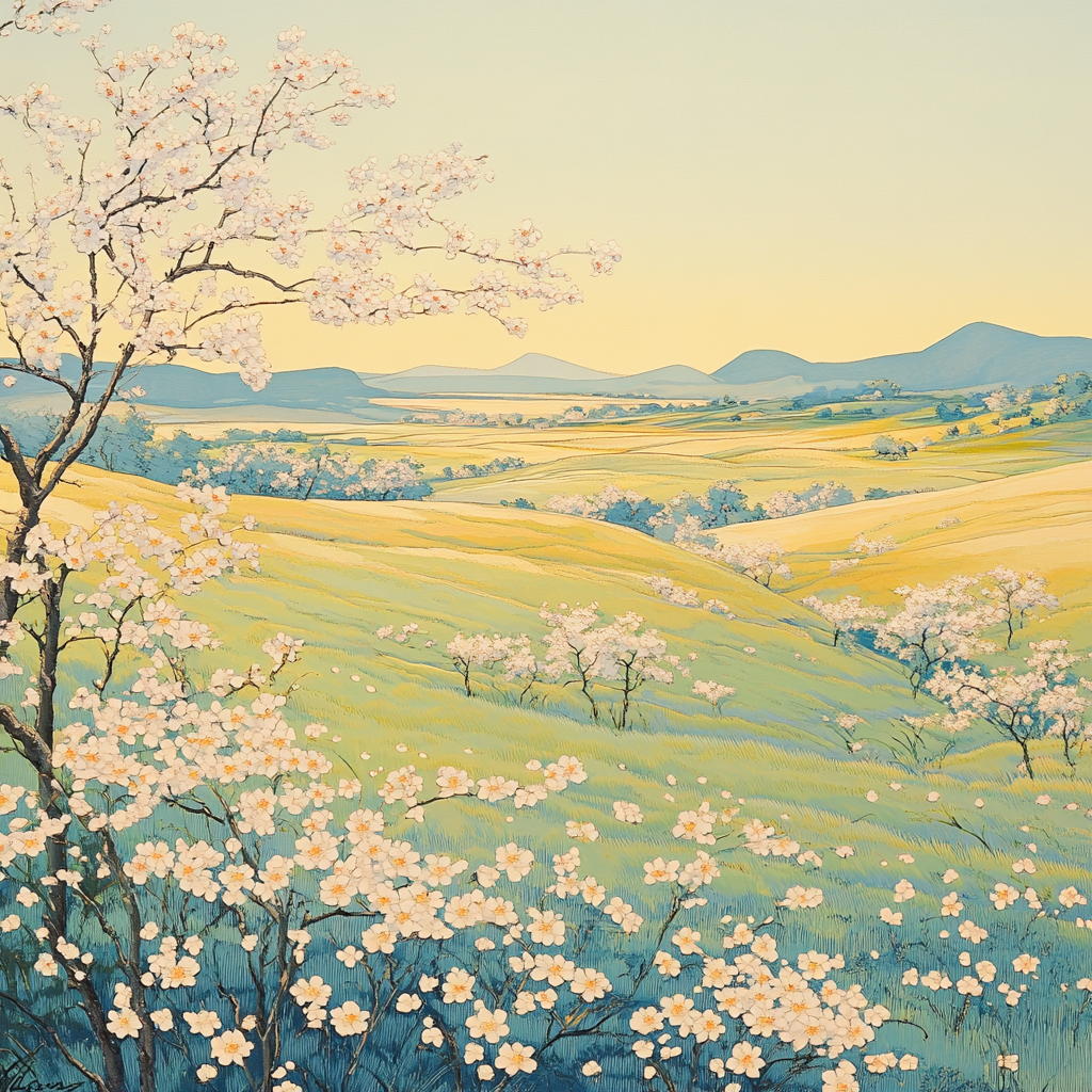 Hiroshige Inspired Tranquil Spring Blossom Meadow Paint by numbers art