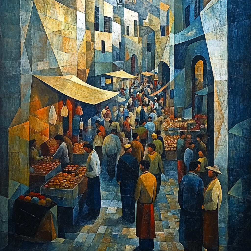 Picasso Inspired Cubist Street Market Scene Number painting