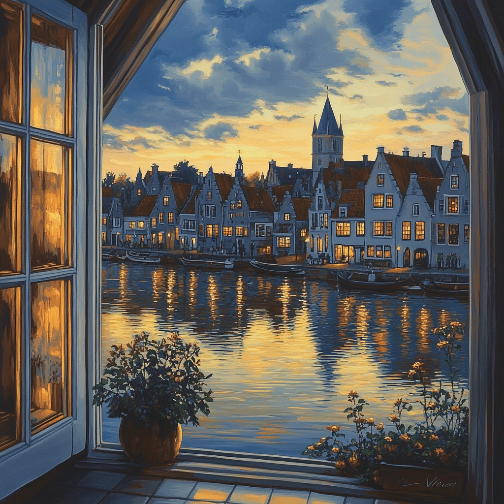 Johannes Vermeer Inspired Rooftops At Golden Dusk Number painting