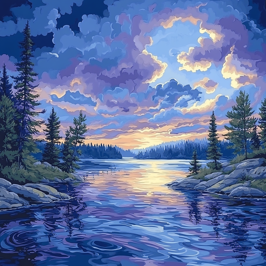J E H MacDonald Inspired Twilight Over Serene Northern Lake DIY paint by numbers