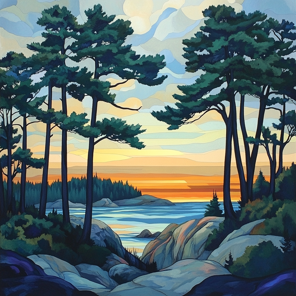 Franklin Carmichael Inspired Pine Silhouettes At Sunset Painting by numbers kit