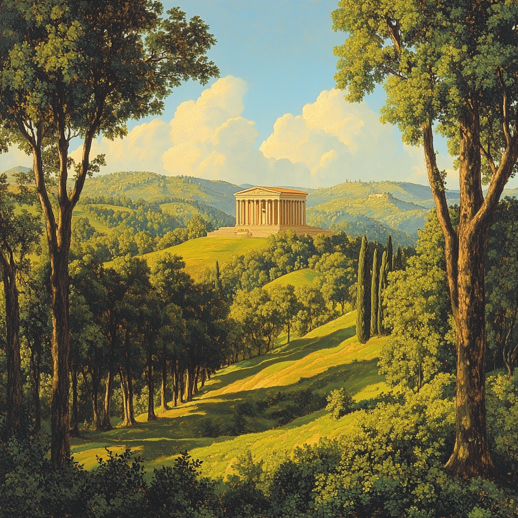 Raphael Inspired Harmonious Distant Temple On Verdant Ridge Painting by numbers kit