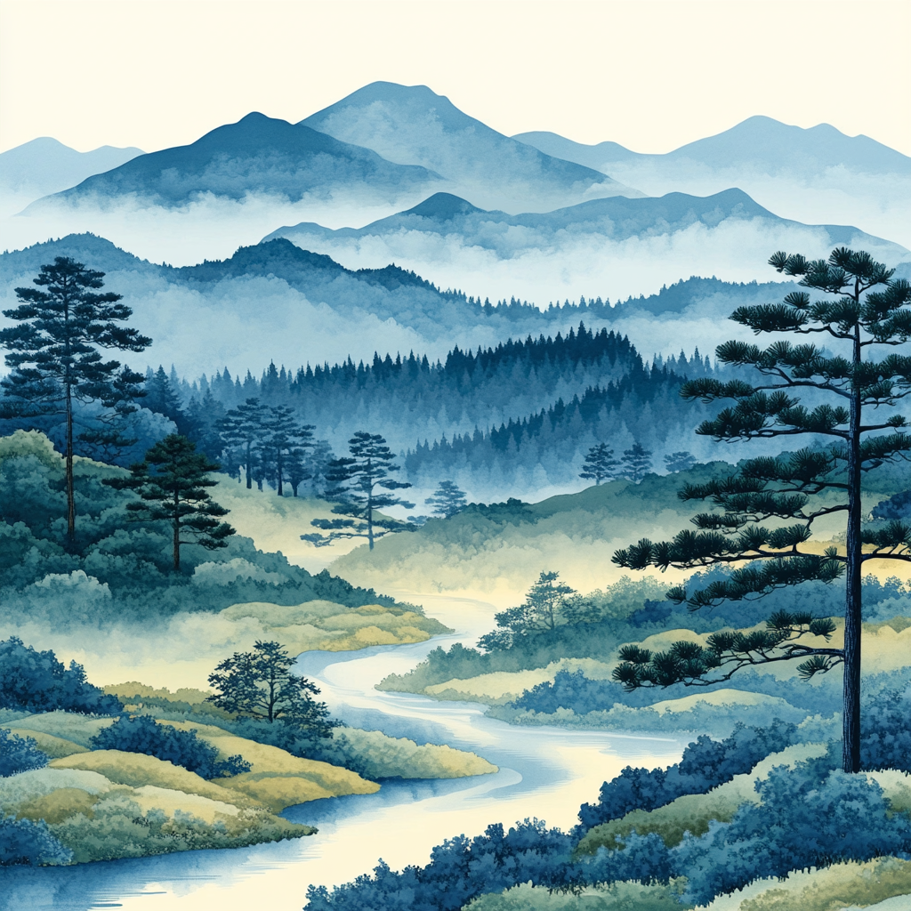 Hiroshige Inspired Misty Mountain Morning paint by number