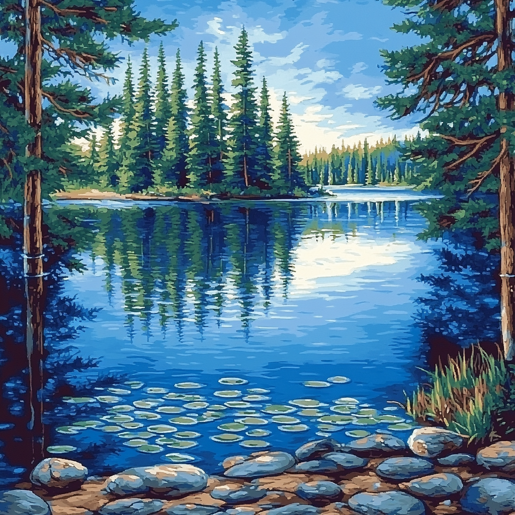 J. E. H. MacDonald Inspired Pine-Framed Shimmering Lake paint by numbers