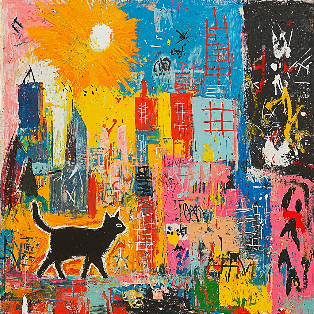 Jean-Michel Basquiat Inspired Whimsical Cat Stroll Paint By Number