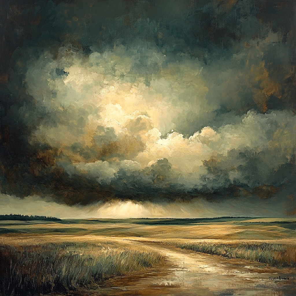 Rembrandt Inspired Storm Clouds Above Rustic Fields paint by color