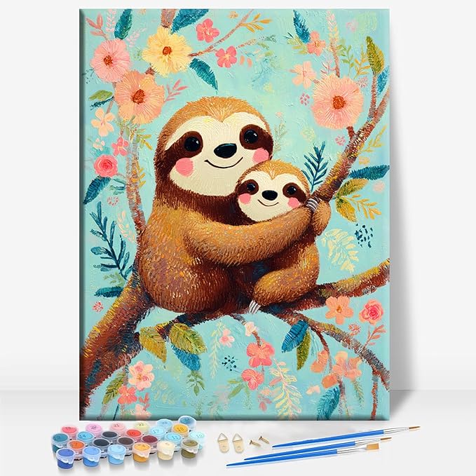 Sloth Mothers Day Framed Canvas DIY Paint by Numbers Kit