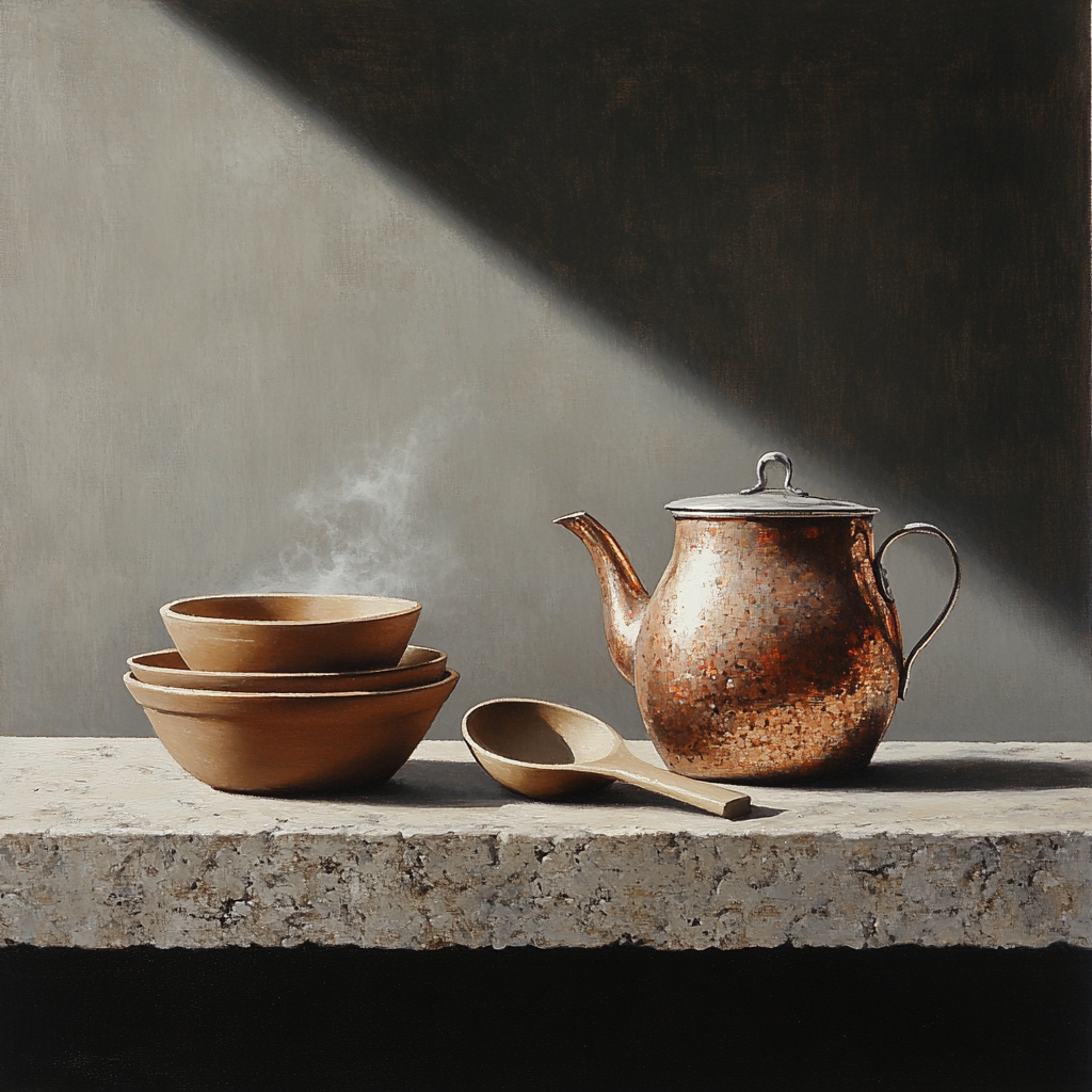 Diego Velázquez Inspired Copper Kettle And Clay Bowls Ensemble Number painting