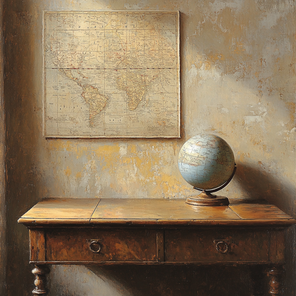 Johannes Vermeer Inspired Map And Globe On Quiet Wooden Desk painting number kit
